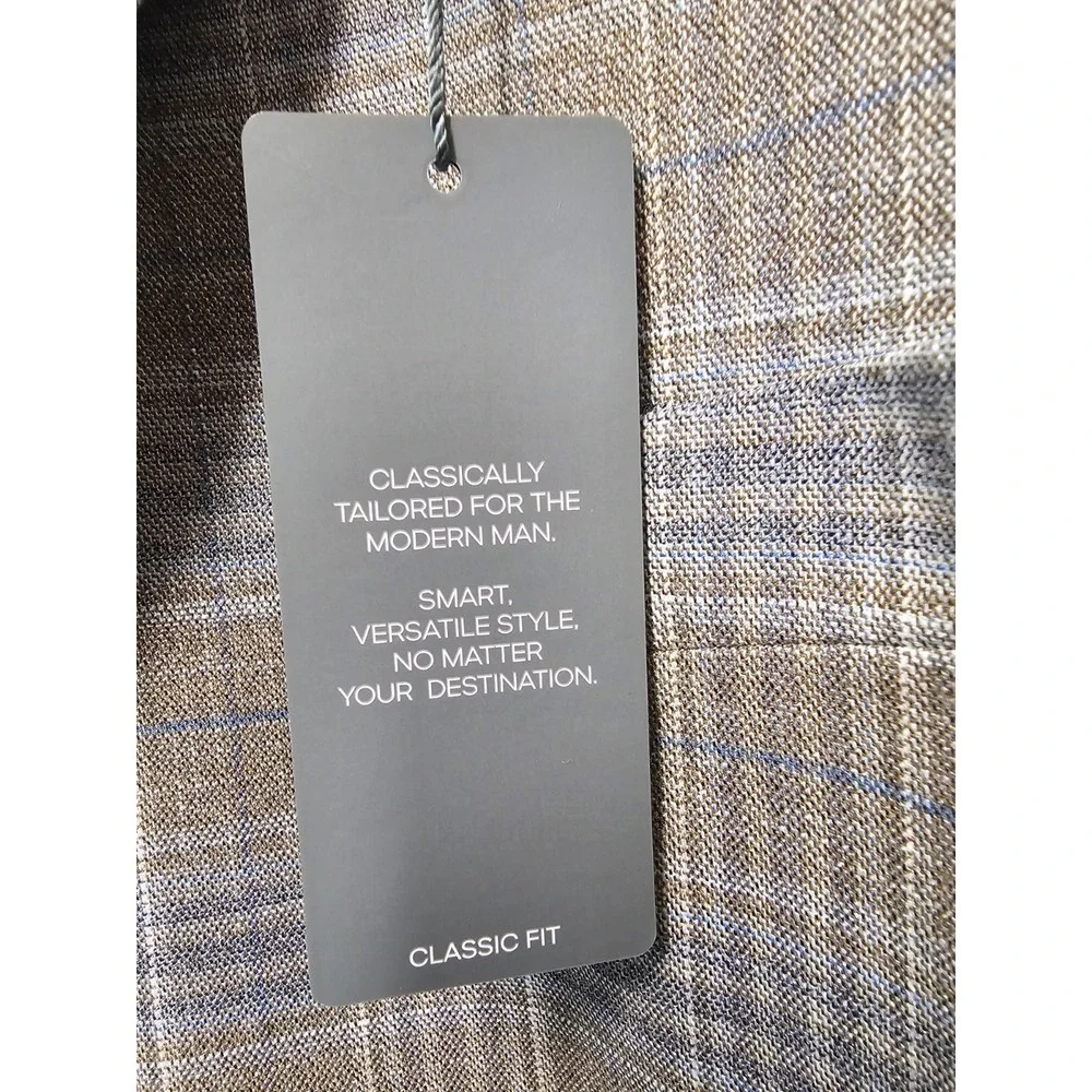 Michael Kors Kent Sport Coat Mens 52R Taupe Blue Plaid Classic Fit Blazer‎